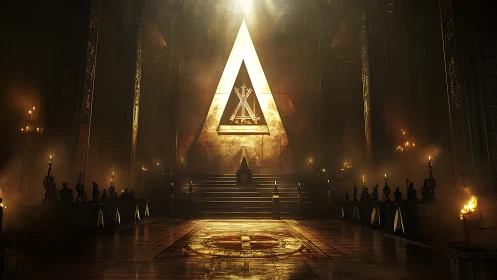 Golden triangular altar in dark grand ceremonial hall.