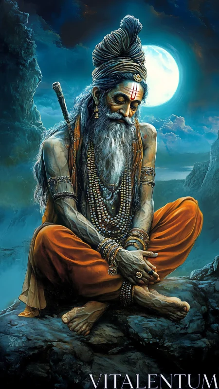 Ascetic yogi in moonlit mountains rendered as digital painting