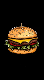 Illustrated cheeseburger is centered on a plain black background