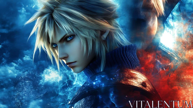 Bicolor elemental warrior portrait in high-detail digital render.