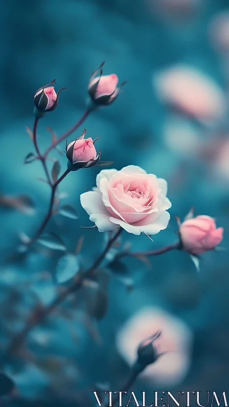 Pink roses with buds blooming against deep teal bokeh background.