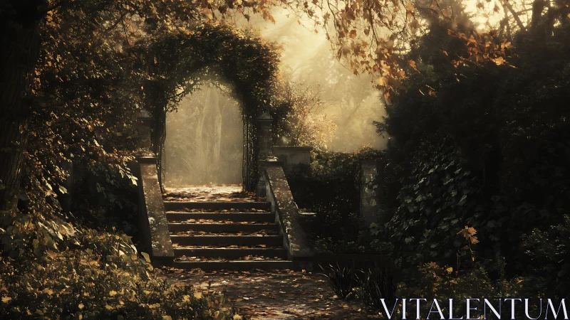 Golden garden archway inviting quiet autumn wanderings.