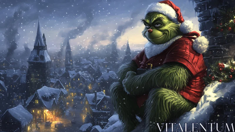 Green mischief sits above the snowy town and plots cheer