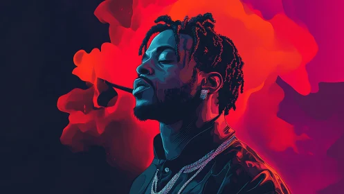 Vector portrait profiles neon-lit man in red vapor plume