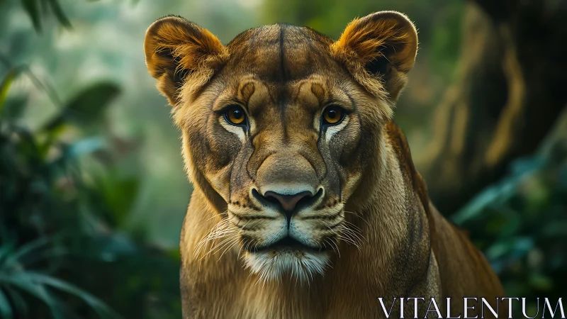 Calm lioness gazes forward with quiet strength in lush forest