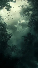 Nocturnal forest canopy encloses mist-lit avian silhouettes