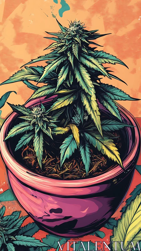 Cannabis plant in pink pot against bold orange backdrop.