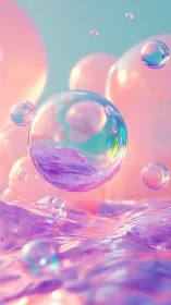 Iridescent soap bubbles over liquid pastel surface in 3D render.