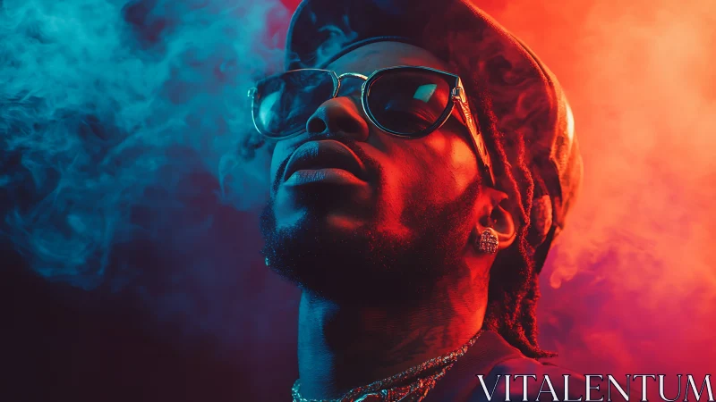 Neon bi-color portrait with cinematic smoke and hard rim light.