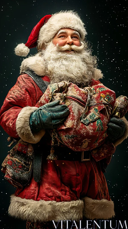 Santa Claus holds gift sack against dark snowy backdrop