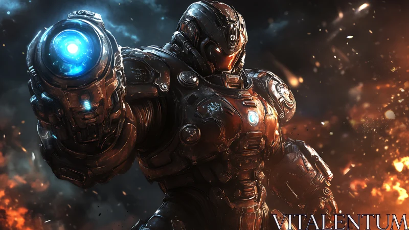 Armored space soldier firing plasma cannon amid firestorm.