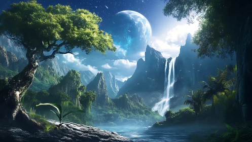 Luminous alien waterfalls beneath a colossal sapphire moon.