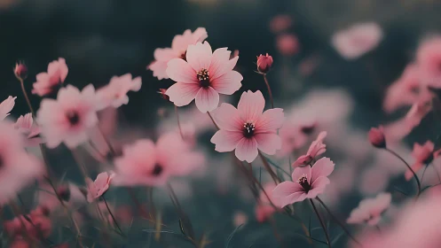 Pink cosmos flowers with dark teal bokeh background displaying soft depth.