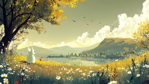 Quiet rabbit gazes across a storybook lake of soft gold