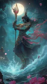 Moonlit ocean deity with jeweled staff amid rising waves.