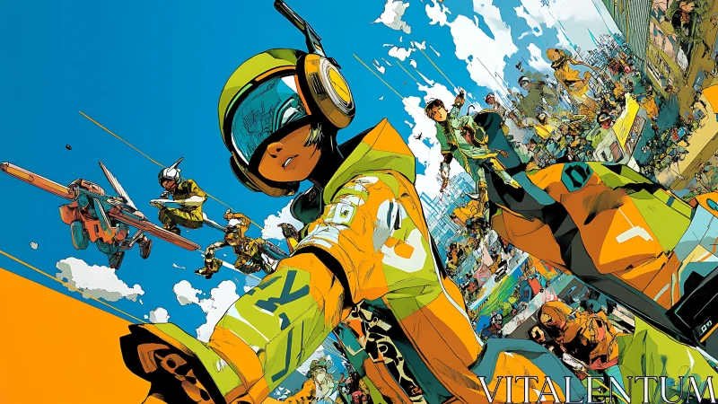 Futuristic urban racers in stylized orange and green gear.