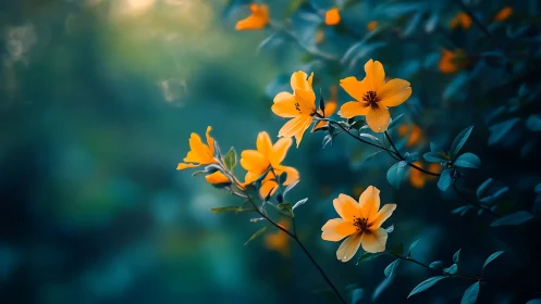 Golden blooms illuminated against teal foliage backdrop.