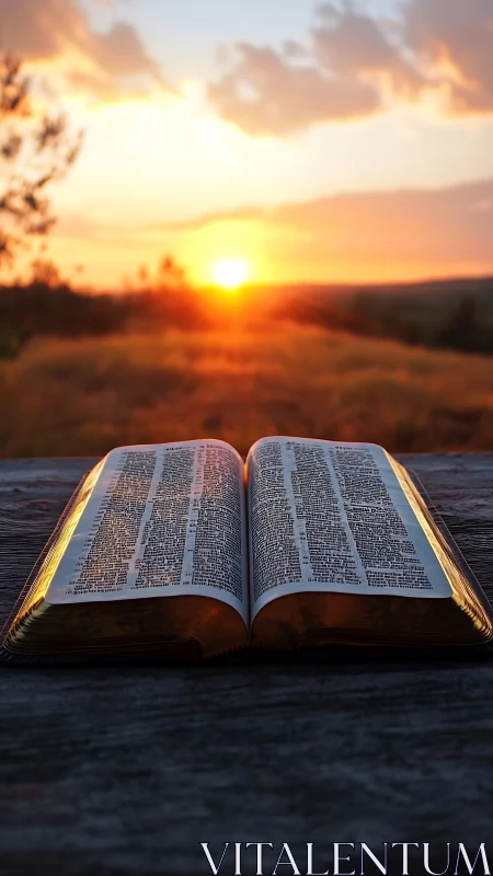 Open gilded Bible on weathered wood at low sunrise horizon