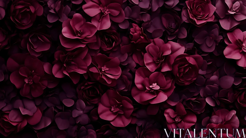 Digital painting of layered burgundy floral relief wall surface.