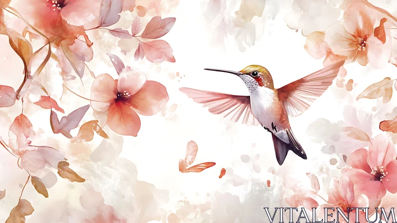 Hummingbird in Flight Among Watercolor Blossoms.