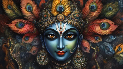 Digital painting of divine blue visage with radial peacock plumes.