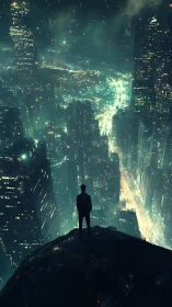 Lone dreamer gazing over a glowing futuristic city night.