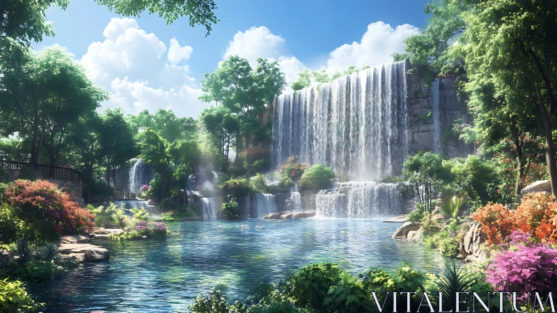 Sunlit tiered waterfall flows into crystal forest lagoon.