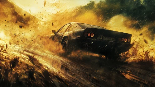 Roaring sports car slices through golden stormy dirt