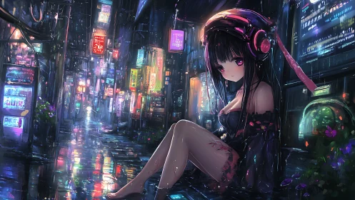 Neon rain hums while a lonely night listener guards the alley