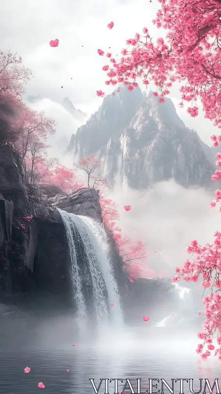 Blushwater falls beneath misty sakura-shrouded mountainscape.