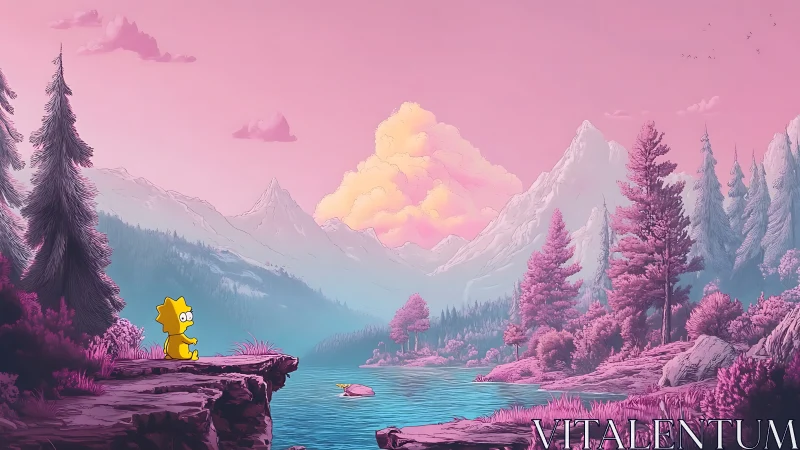 Cartoon girl in neon pink alpine landscape by tranquil lake