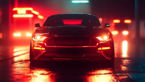 Neon-lit muscle car prowls through a futuristic night street.