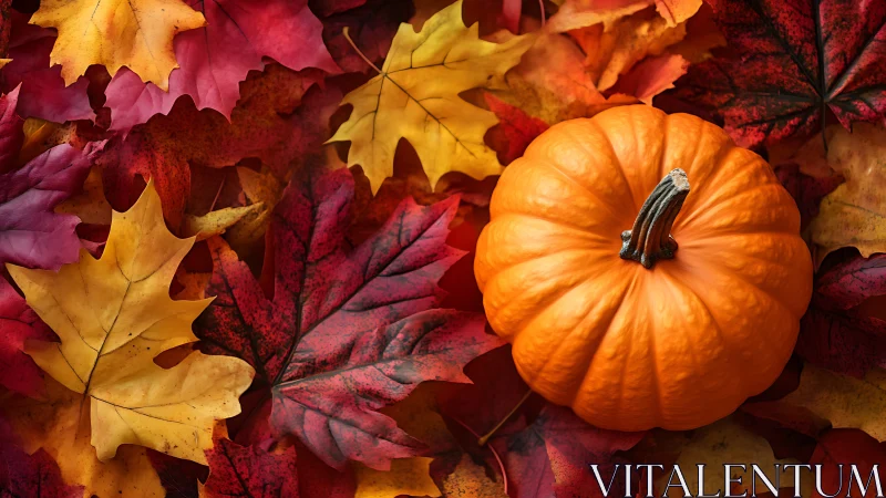 Pumpkin glow nestles into a storm of scarlet autumn leaves.