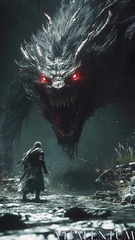 Lone warrior confronting colossal red‑eyed shadow beast.