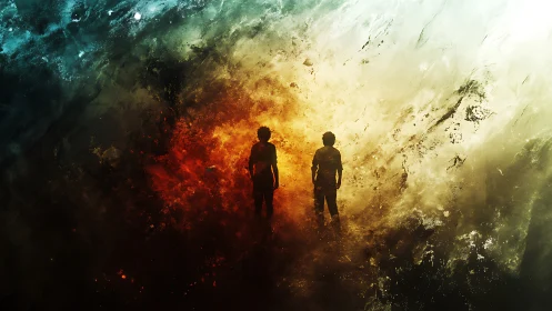 Two silhouettes stand between fire and light in swirling storm.