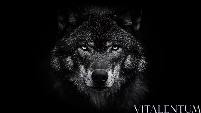 Monochrome wolf portrait emerges from deep black background