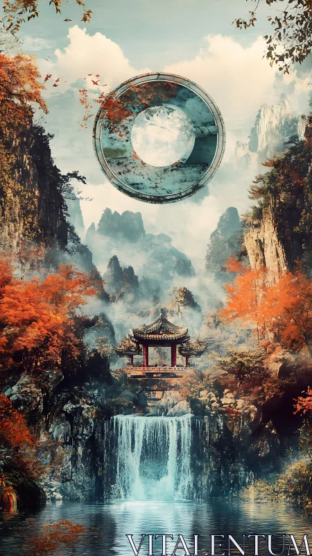 Celestial ring hovers above autumn shrine and misty falls.