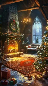 Snow-dusted chalet interior with glowing hearth and tree.