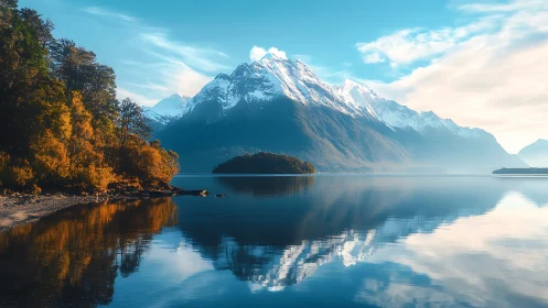 Snowcapped mountains mirror over tranquil blue lake scene.