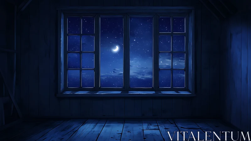 Moonlit attic window framing deep blue starry night sky.