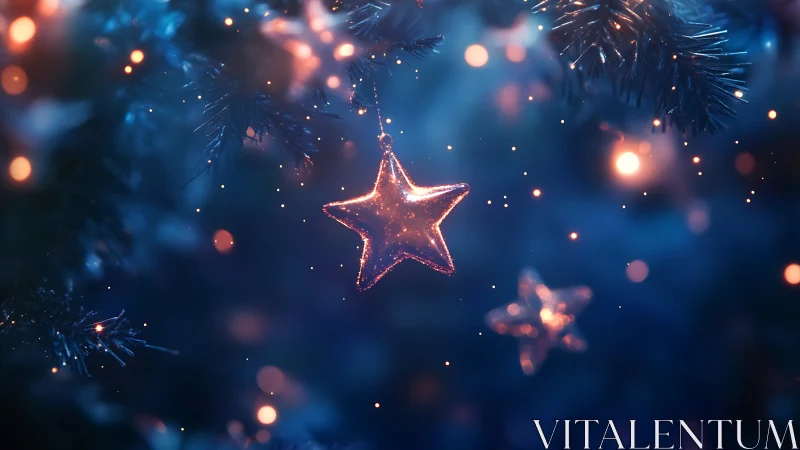 Glowing star ornament shimmers softly in a dreamy winter night