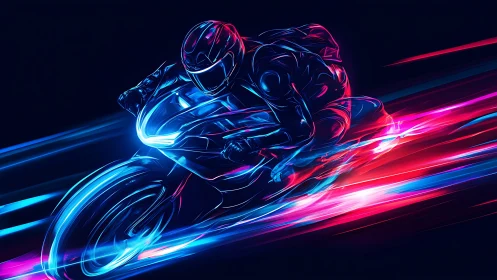 Neon sport motorcycle rider racing through light trails.