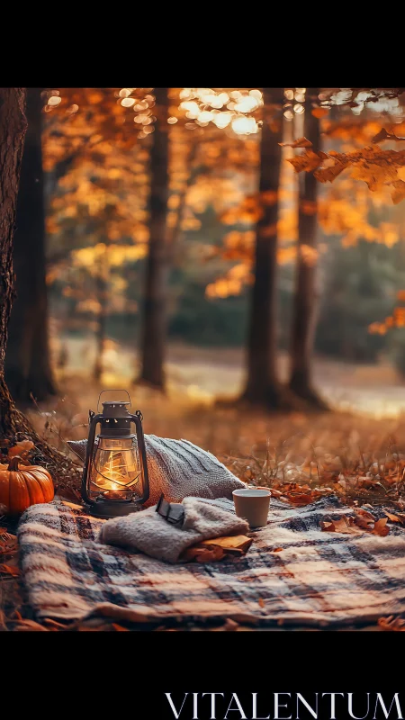 Lanternlit autumn picnic nest under amber forest hush.