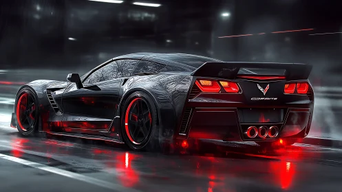 Ultra-low Corvette rear three-quarter in neon red rain city