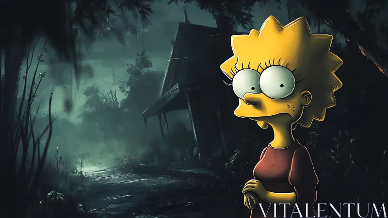 Thoughtful cartoon girl in a misty, eerie forest clearing.