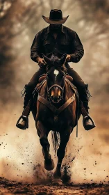 Western rider charging through dust in cinematic warm light.