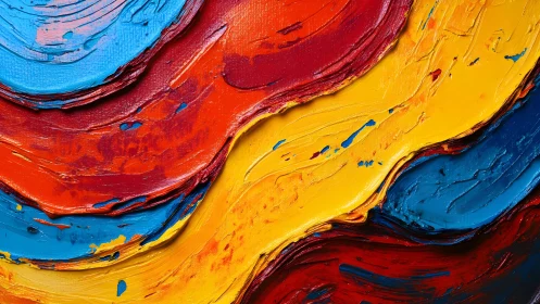 Vivid abstract oil painting with textured swirls of blue, red, yellow.