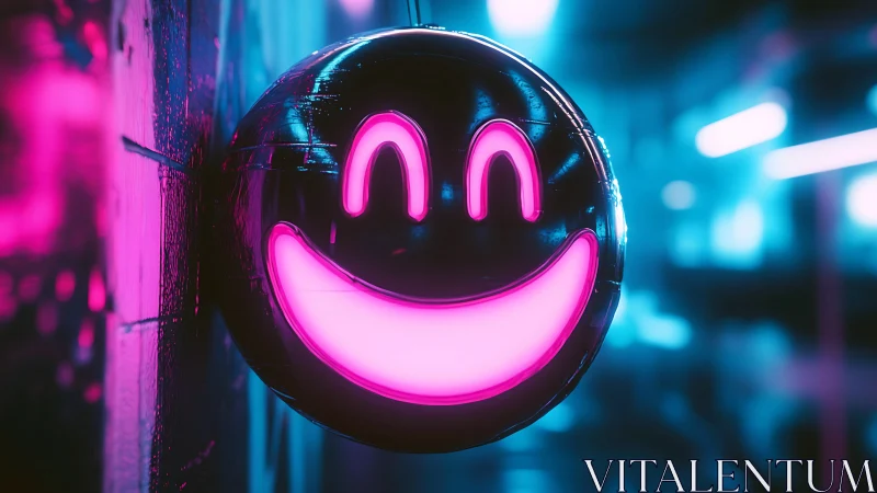 Neon smiley face balloon glows in a blurred cyberpunk alley