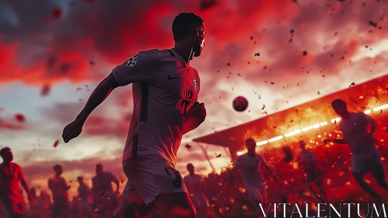 Stormlit striker charging through fiery stadium haze.