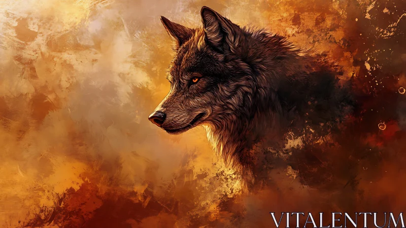 Cinematic wolf portrait with fiery abstract brushwork background